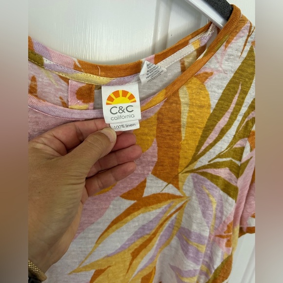 C&C California Women’s Tropical Orange and Pink Print 100% Linen T Shirt Size 1X - Picture 3 of 8